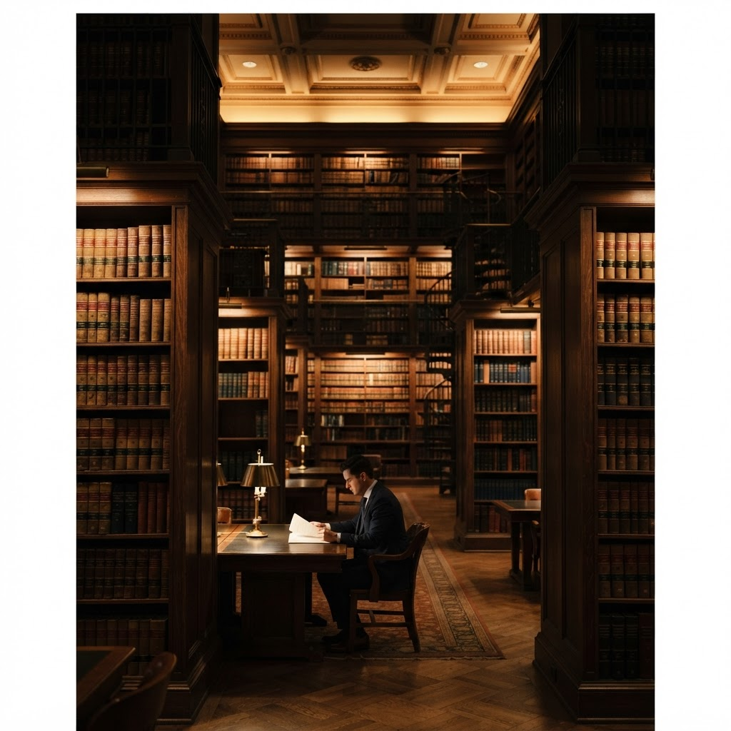 Perpustakaan hukum dengan rak-rak tinggi berisi kitab peraturan